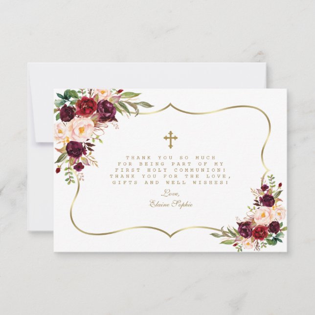 Burgundy Blush Floral Gold Cross Holy Communion Thank You Card (Front)