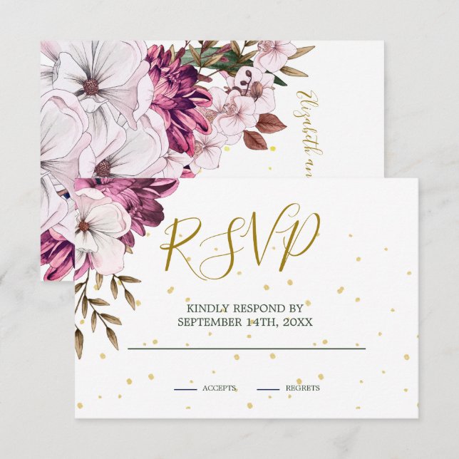 Burgundy Blush Floral Gold Elegant Chic RSVP Card (Front/Back)