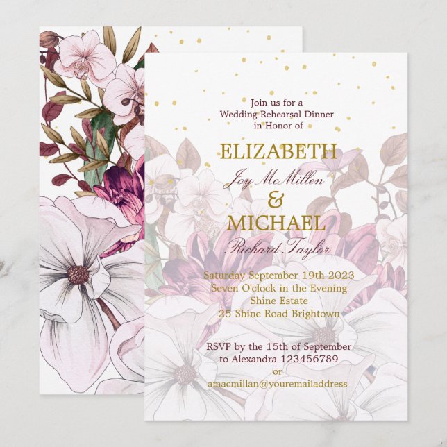 Burgundy Blush Floral Gold Elegant Chic Wedding Invitation (Front/Back)