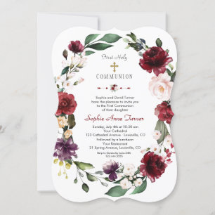 Burgundy Blush Floral Gold First Holy Communion Invitation