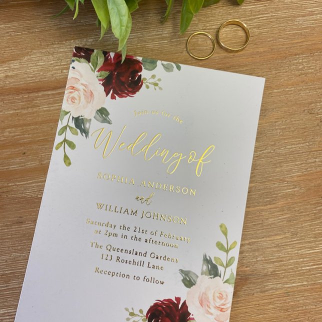 Burgundy & Blush Floral Gold Foil Text Wedding (Creator Uploaded)