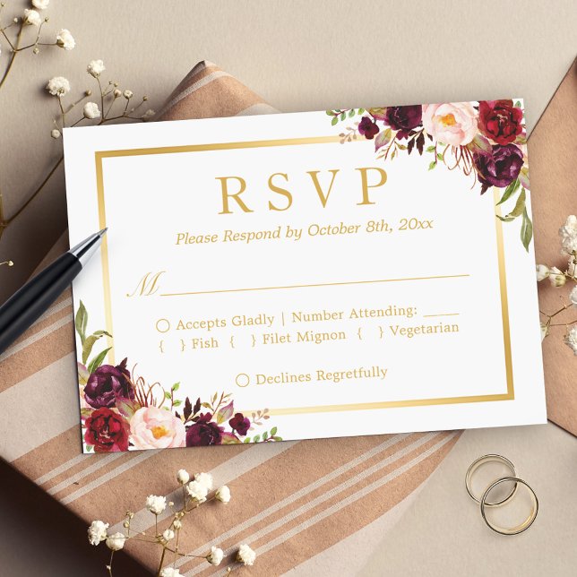 Burgundy Blush Floral Gold Frame Wedding RSVP Card (Creator Uploaded)