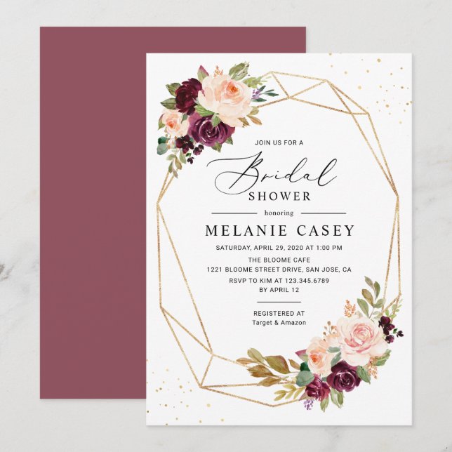 Burgundy Blush Floral Gold Geometric Bridal Shower Invitation (Front/Back)