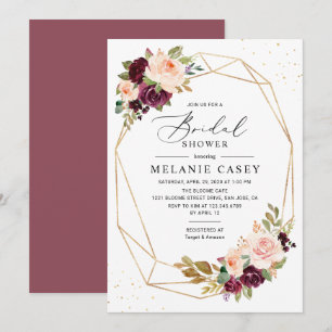 Burgundy Blush Floral Gold Geometric Bridal Shower Invitation