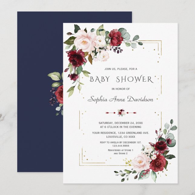 Burgundy Blush Floral Gold Glitter Baby Shower Invitation (Front/Back)