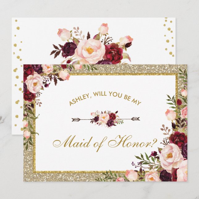Burgundy Blush Floral Gold Glitter Maid of Honour Invitation (Front/Back)