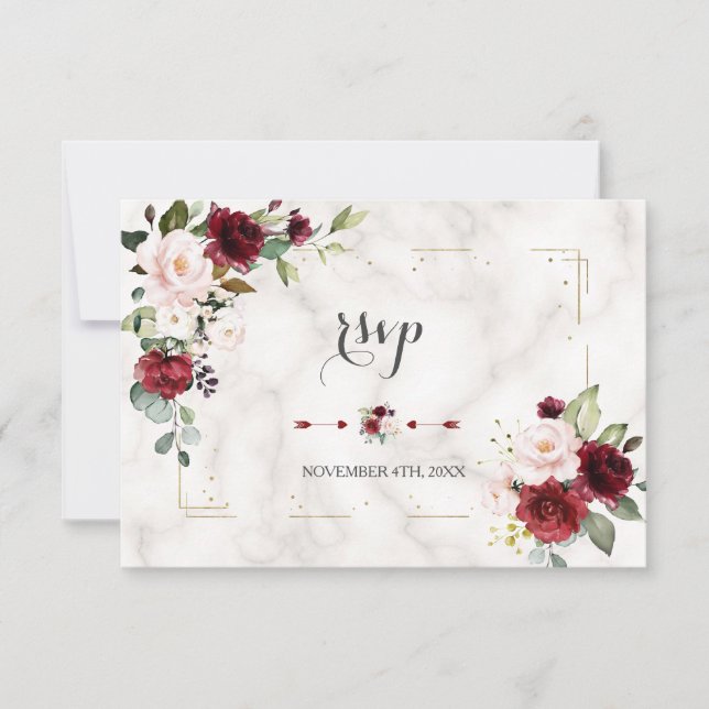 Burgundy Blush Floral Gold Glitter Marble Wedding RSVP Card (Front)