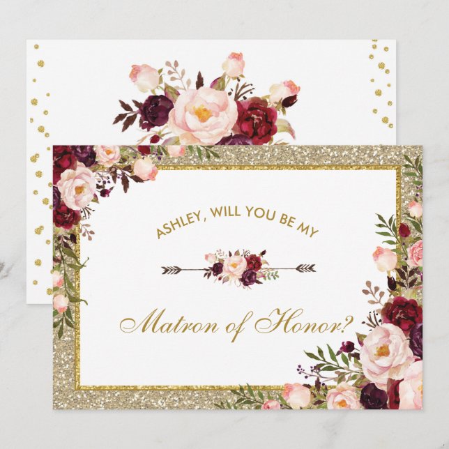 Burgundy Blush Floral Gold Glitter Matron of Invitation (Front/Back)