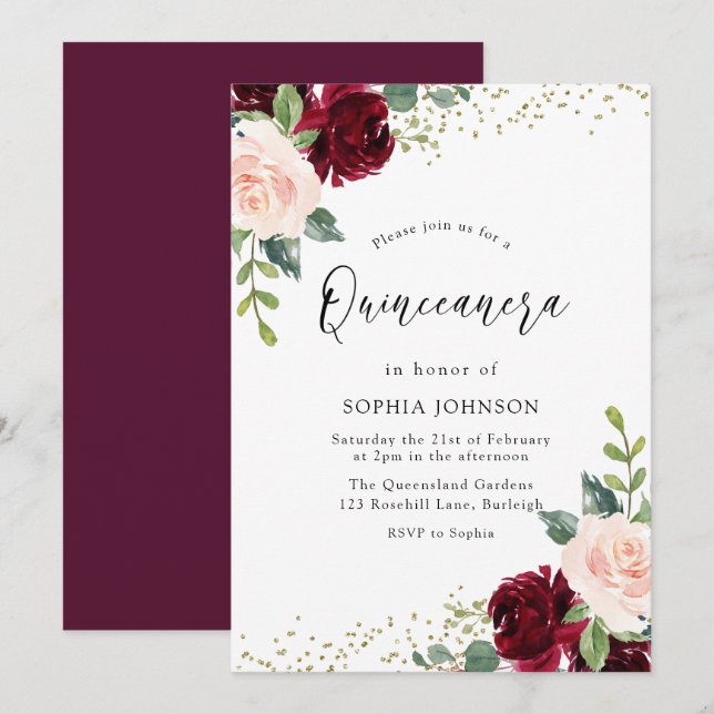 Burgundy Blush Floral Gold Glitter Quinceanera Invitation (Front/Back)