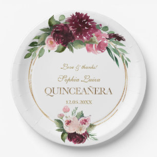 Burgundy Blush Floral Gold Mis Quince Quinceañera Paper Plate