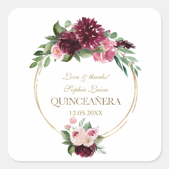 Burgundy Blush Floral Gold Mis Quince Quinceañera Square Sticker (Front)