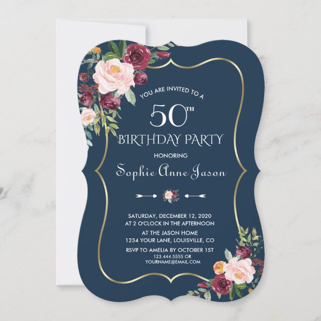 Burgundy Blush Floral Gold Navy Blue 50th Birthday Invitation (Front)