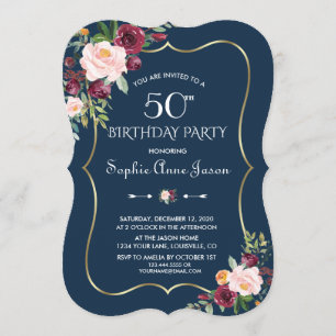 Burgundy Blush Floral Gold Navy Blue 50th Birthday Invitation