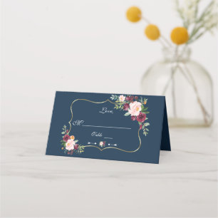 Burgundy Blush Floral Gold Navy Blue Table Number Place Card