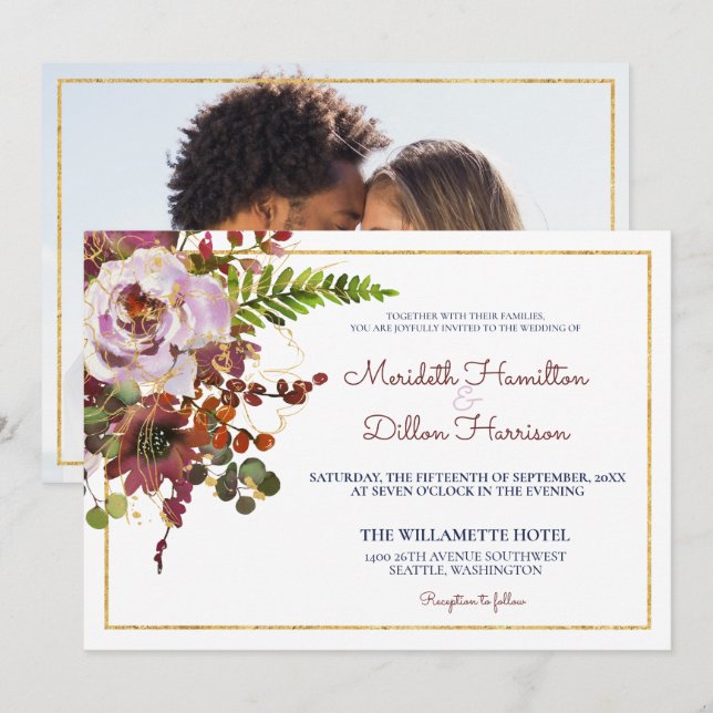 Burgundy Blush Floral Gold Photo Modern Wedding Invitation (Front/Back)
