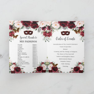 Burgundy Blush Floral Gold Quinceañera Masquerade  Programme