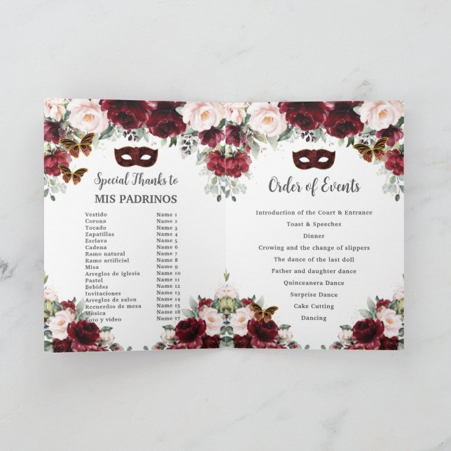 Burgundy Blush Floral Gold Quinceañera Masquerade  Programme (Inside)