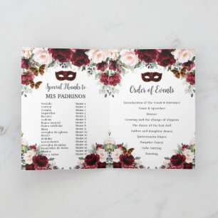 Burgundy Blush Floral Gold Quinceañera Masquerade Programme