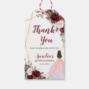 Burgundy Blush Floral Gold Quinceañera Thank You Gift Tags