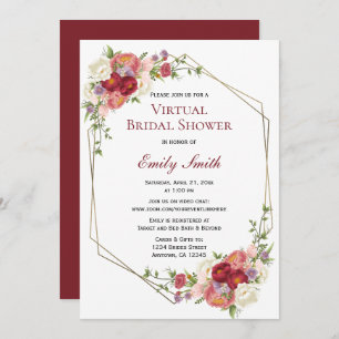 Burgundy Blush Floral Gold   Virtual Bridal Shower Invitation