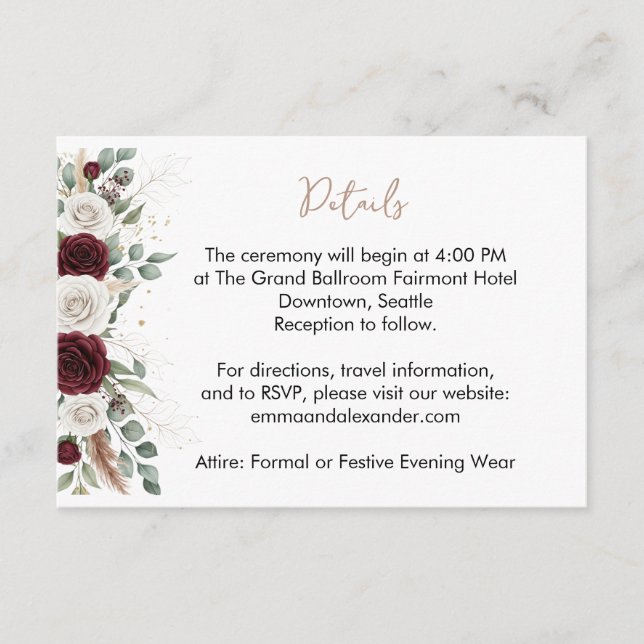 Burgundy Blush Floral Gold Wedding Details Card (Front)