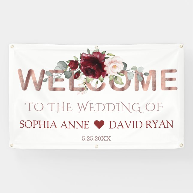 Burgundy Blush Floral Gold Wedding Welcome Sign (Horizontal)