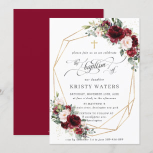 Burgundy Blush Floral Greenery Baptism Geometric Invitation