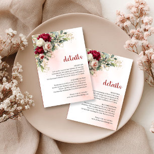 Burgundy blush floral greenery gold wedding info enclosure card
