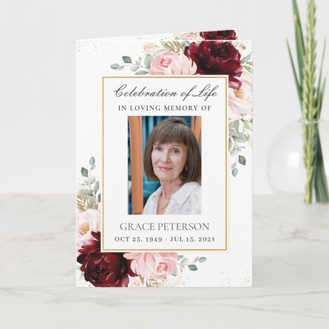 Burgundy Blush Floral Greenery Photo Funeral  Programme (Front)