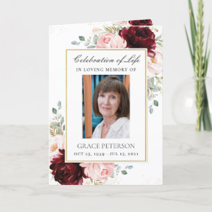 Burgundy Blush Floral Greenery Photo Funeral  Programme