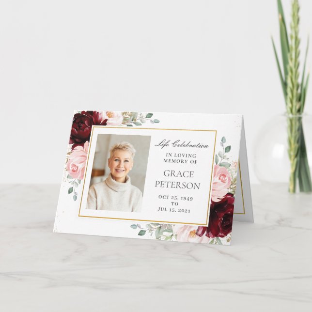 Burgundy Blush Floral Greenery Photos Funeral Programme (Front)