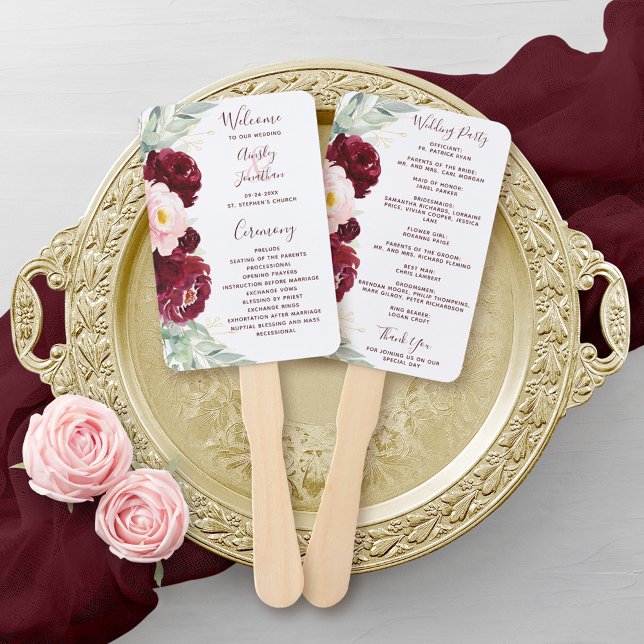 Burgundy Blush Floral Greenery Wedding Program Hand Fan (Creator Uploaded)