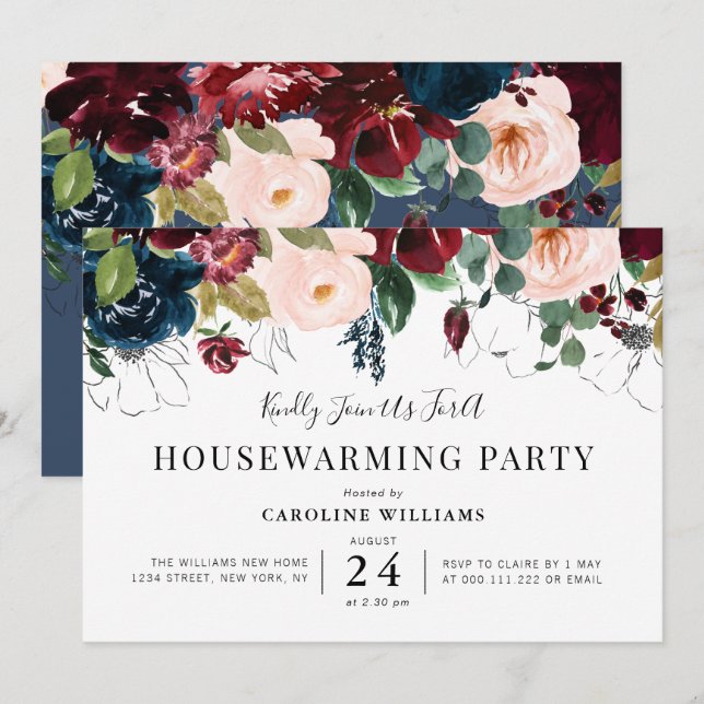 burgundy blush floral housewarming party invitation (Front/Back)