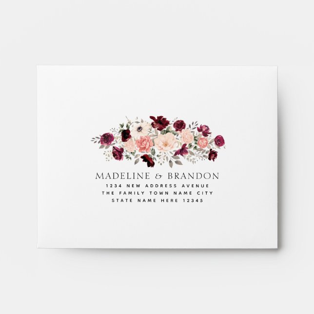 Burgundy Blush Floral Ivory Wedding RSVP Envelope (Front)