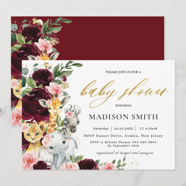 Burgundy Blush Floral Jungle Animals Baby Shower Invitation (Front/Back)