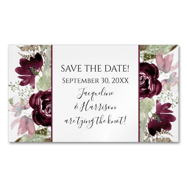 Burgundy Blush Floral Leaves Elegant Save the Date Magnetic Business Card (Front)