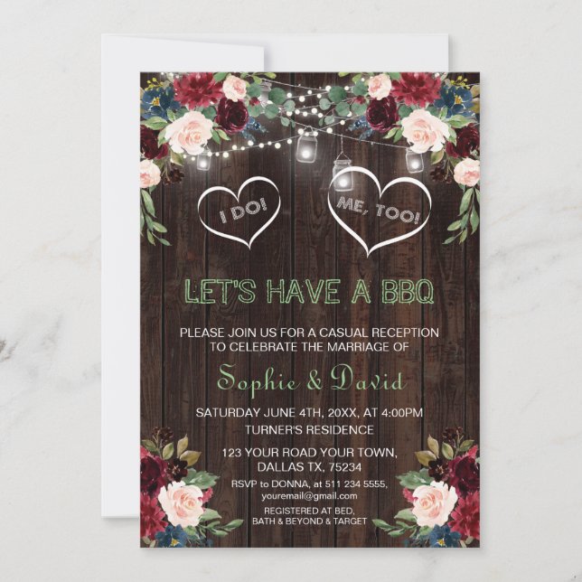Burgundy Blush Floral Lights Wood I DO BBQ Invitation (Front)