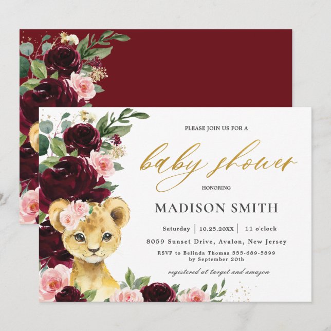 Burgundy Blush Floral Lion Cub Baby Shower     Invitation (Front/Back)