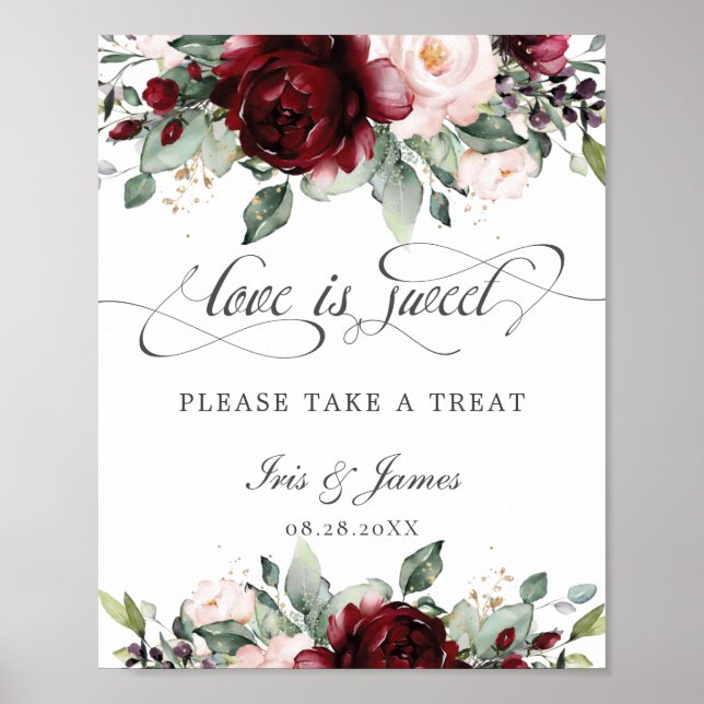 Burgundy Blush Floral Love is Sweet Take a Treat Poster (Front)