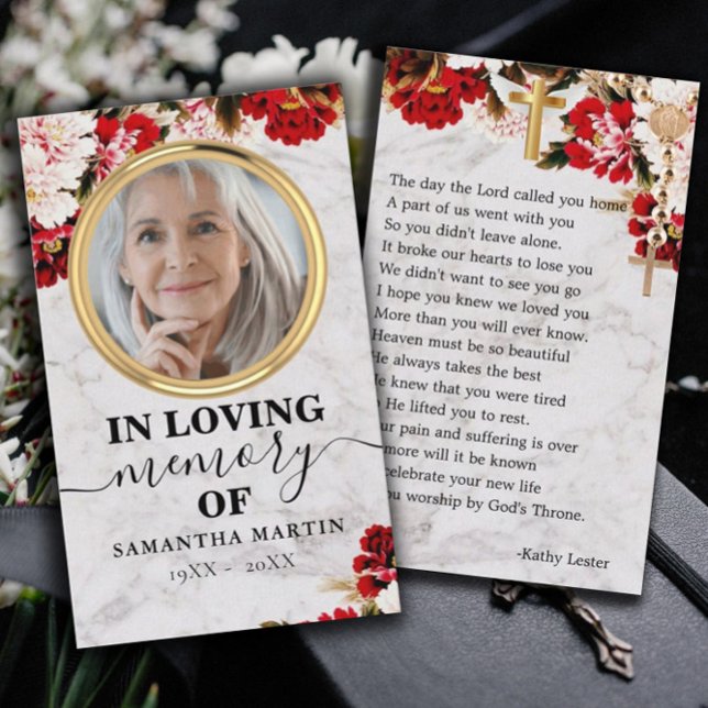 Burgundy Blush Floral Memorial Prayer Photo Card (Creator Uploaded)
