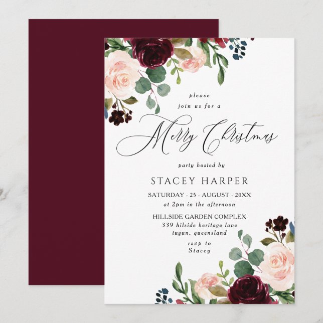 Burgundy Blush Floral Merry Christmas Party Invitation (Front/Back)