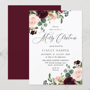 Burgundy Blush Floral Merry Christmas Party Invitation