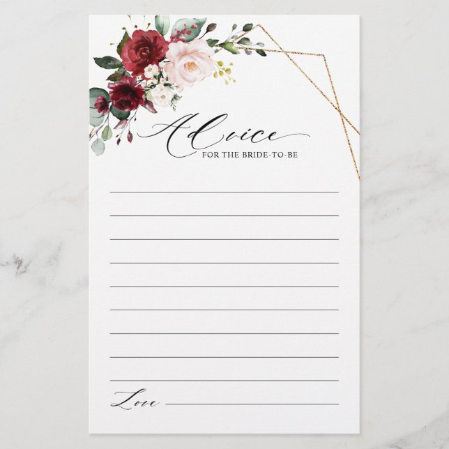 Burgundy Blush Floral Modern Bridal Shower Advice (Front)