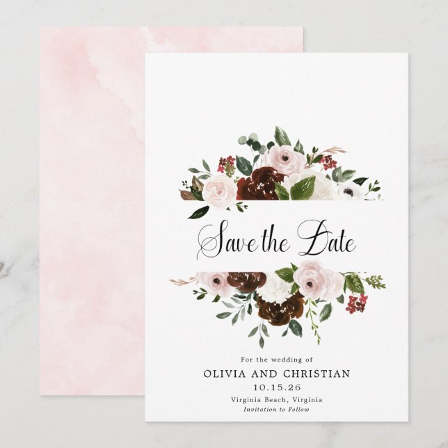  Burgundy Blush Floral Modern Calligraphy  Save The Date (Front/Back)