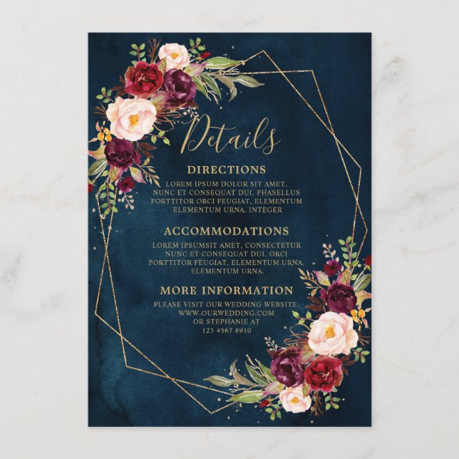 Burgundy Blush Floral Modern Geometric Details Enclosure Card (Front)