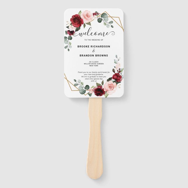 Burgundy Blush Floral Modern Geometric Program Hand Fan (Front)