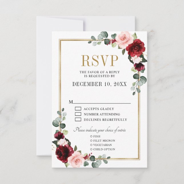 Burgundy Blush Floral Modern Geometric RSVP  (Front)