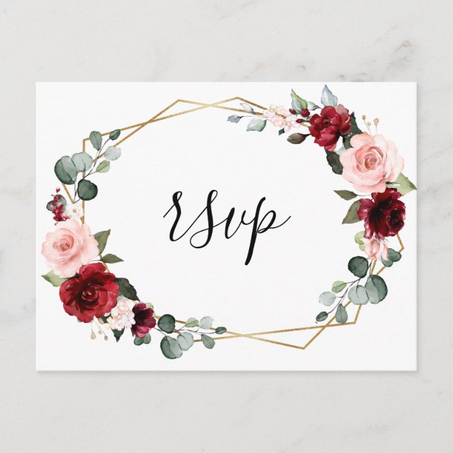 Burgundy Blush Floral Modern Geometric RSVP Postcard (Front)