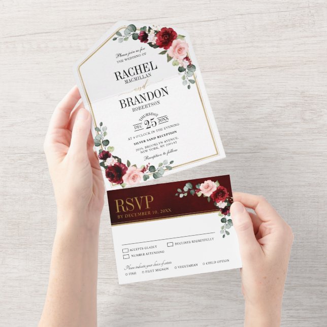 Burgundy Blush Floral Modern Geometric Wedding All All In One Invitation (Tearaway)