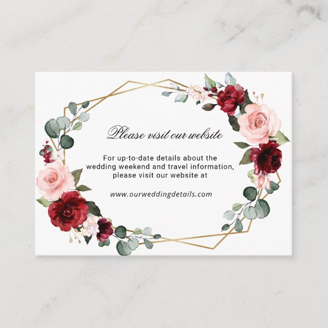 Burgundy Blush Floral Modern Geometric Wedding Enclosure Card (Front)